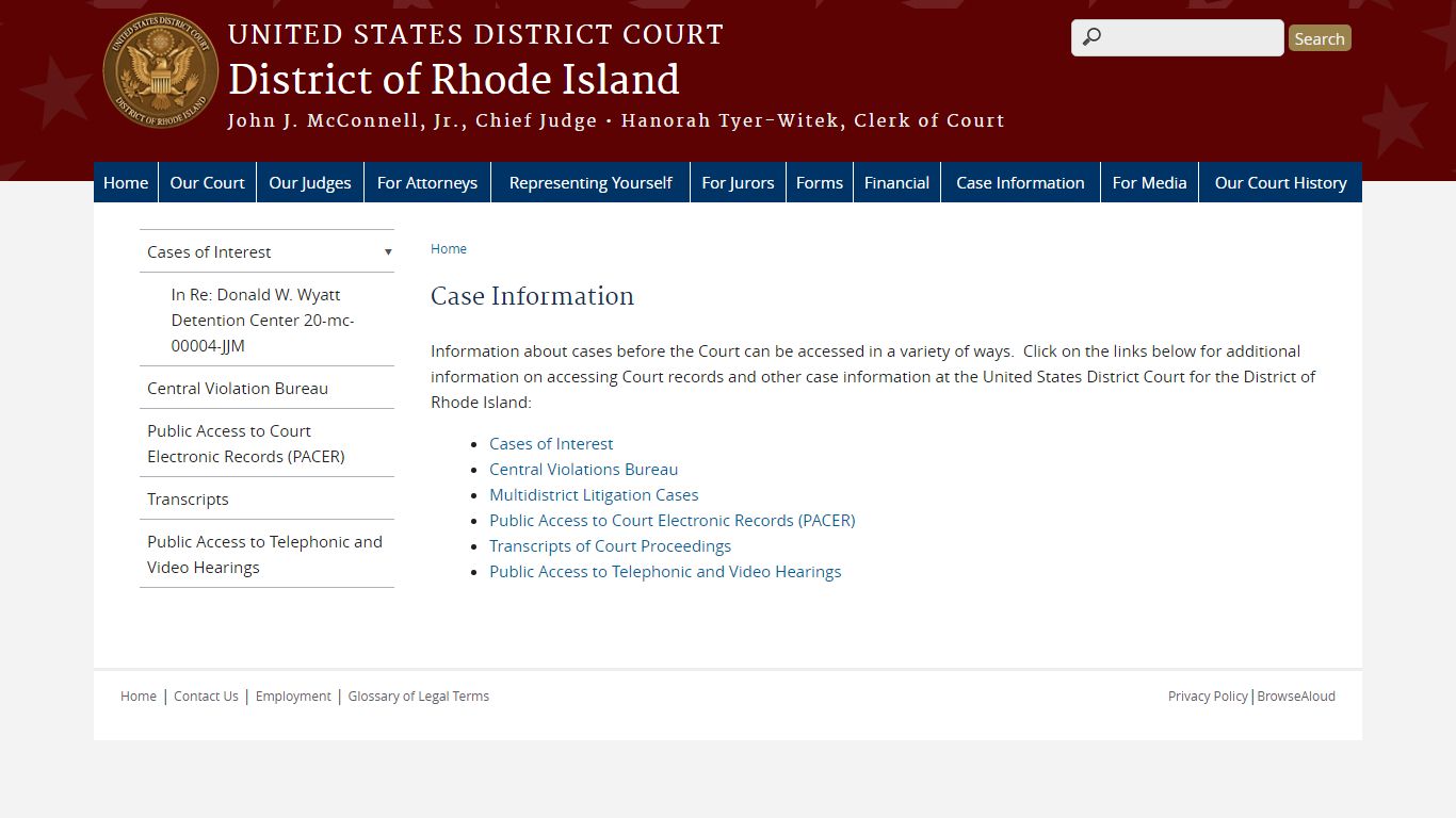 Case Information | District of Rhode Island | United States District Court